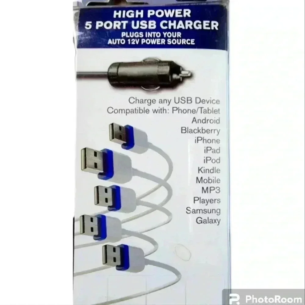 5 port USB charger 12v auto super fast charging 3 foot cord device accessory
